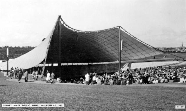 Postcard of Sidney Myer Music Bowl built in 1958-59 commanding an elevated Postcard of Sidney Myer Music Bowl built in 1958-59 commanding an elevated